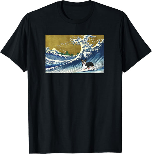 Funny Retro Vintage Surfing Wave Black Tricolor Corgi Lover T-Shirt - T-Shirt | Black