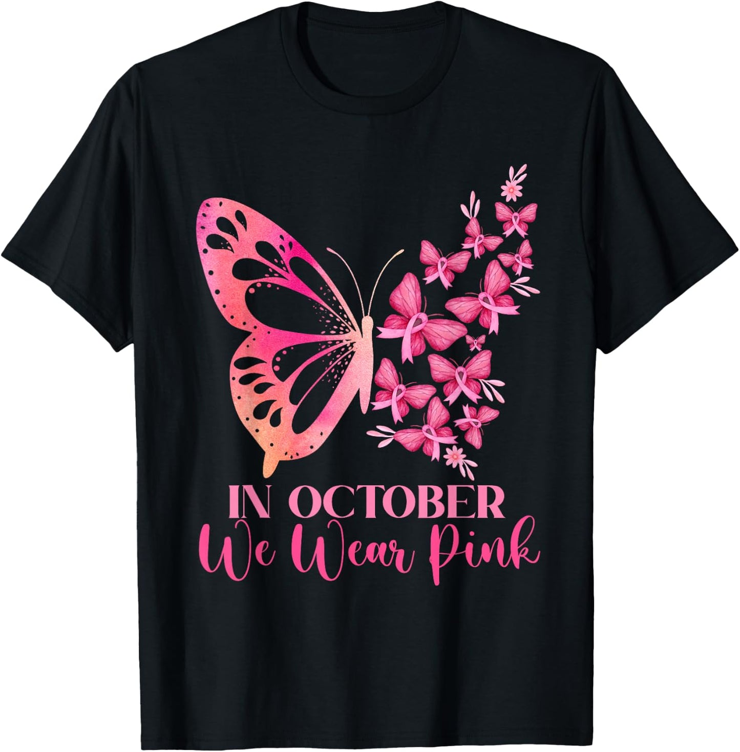 In October We Wear Pink Butterfly Breast Cancer Awareness T-Shirt - T-Shirt | Black