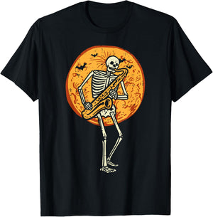 Skeleton Playing Saxophone Jazz Halloween Music Boys Men T-Shirt - T-Shirt | Black