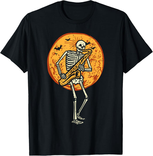 Skeleton Playing Saxophone Jazz Halloween Music Boys Men T-Shirt - T-Shirt | Black