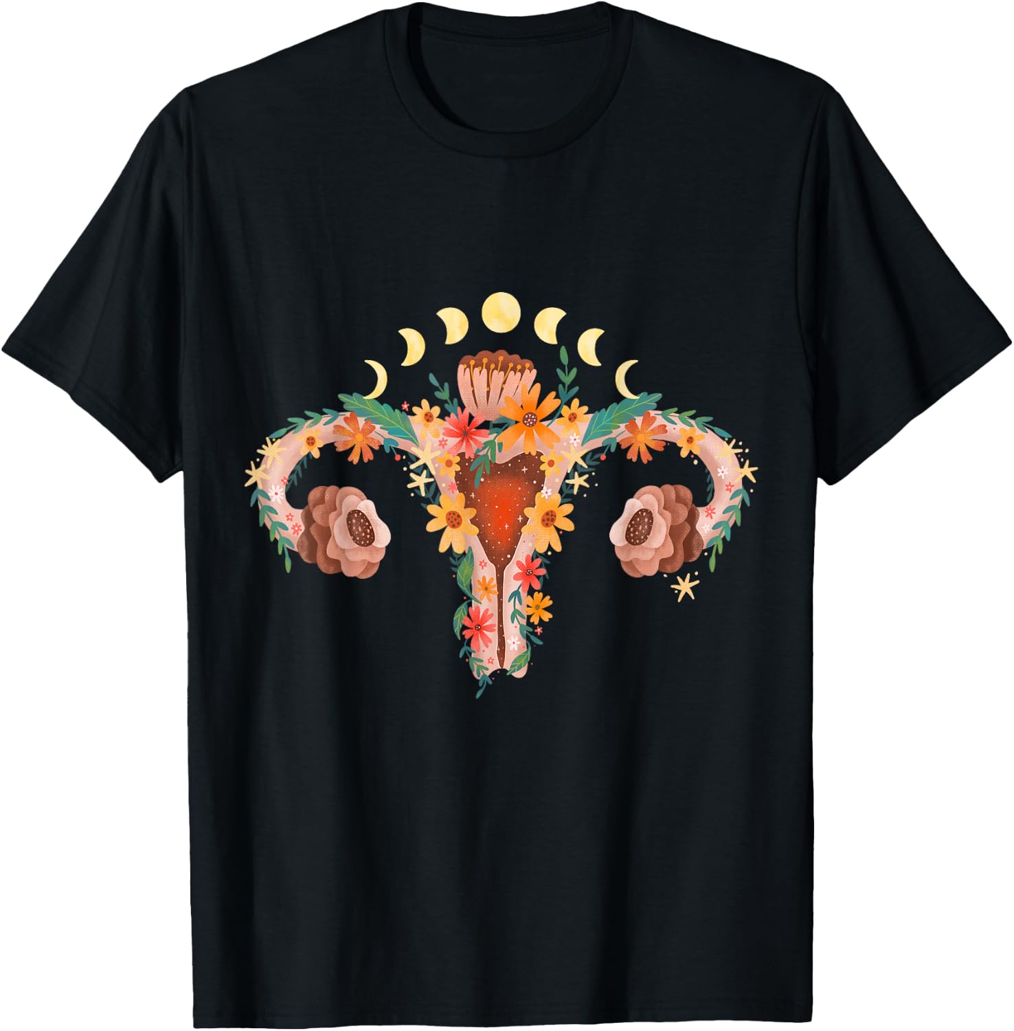 Uterus with Flowers and Moon Phases Retro Vagina T-Shirt - T-Shirt | Black