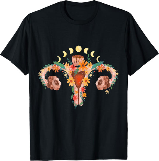 Uterus with Flowers and Moon Phases Retro Vagina T-Shirt - T-Shirt | Black