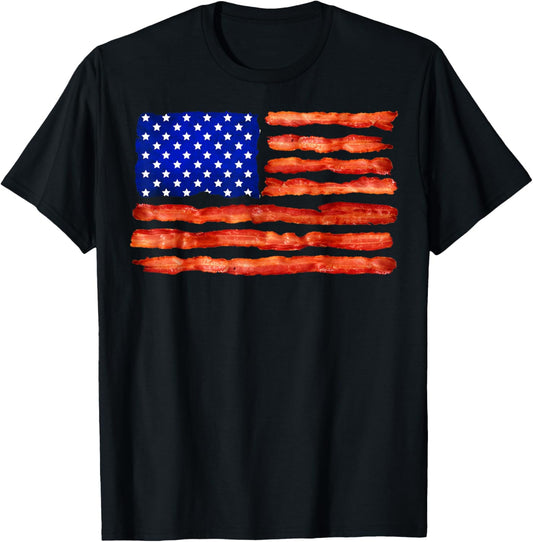 Cool USA Bacon Flag | Funny Foodie Patriot Meat Eater Gift T-Shirt - T-Shirt | Black