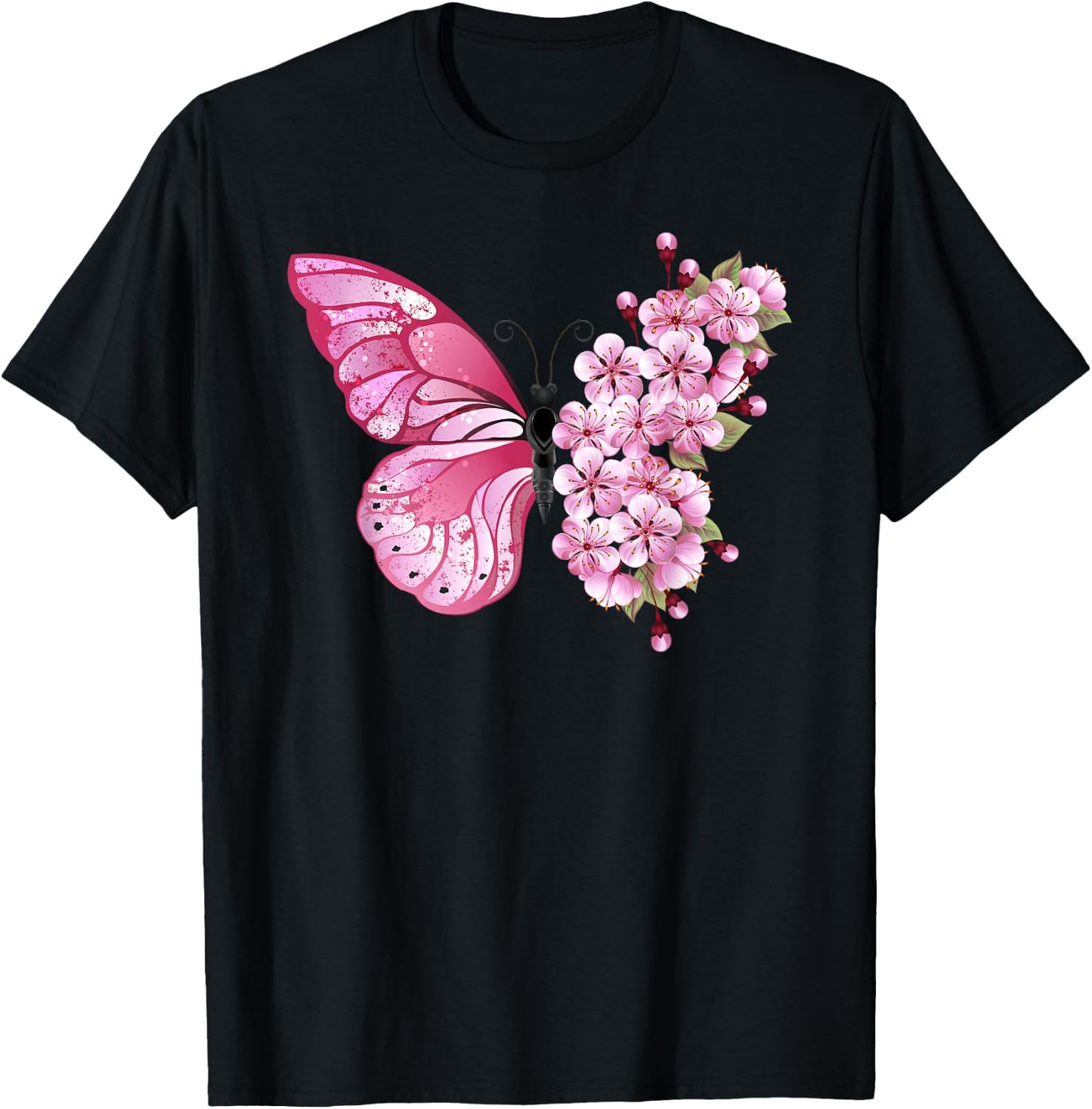 Beautiful Butterfly Flower Mix - Pink Japanese Cherry T-Shirt - T-Shirt | Black