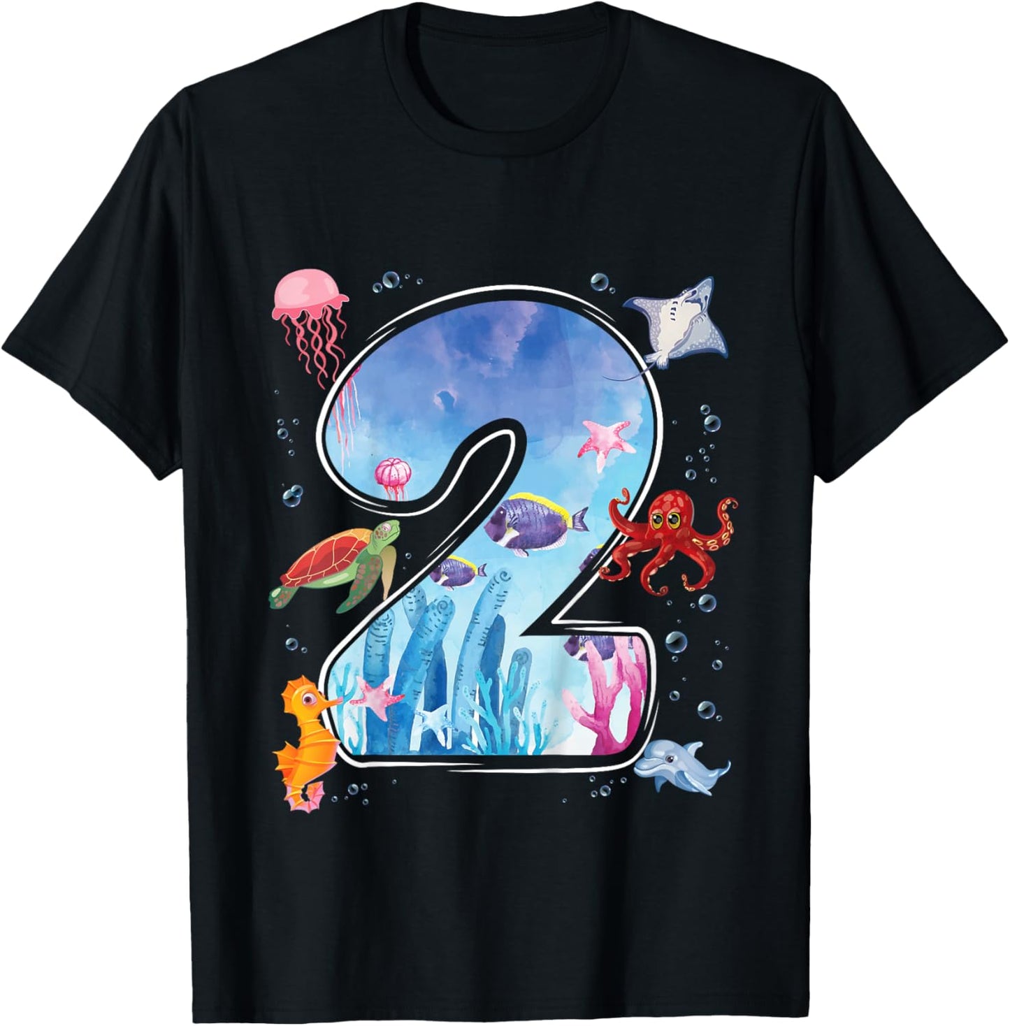 Kids 2nd Birthday Party Ocean 2 Year Old Sea Fish Aquarium Boy T-Shirt - T-Shirt | Black