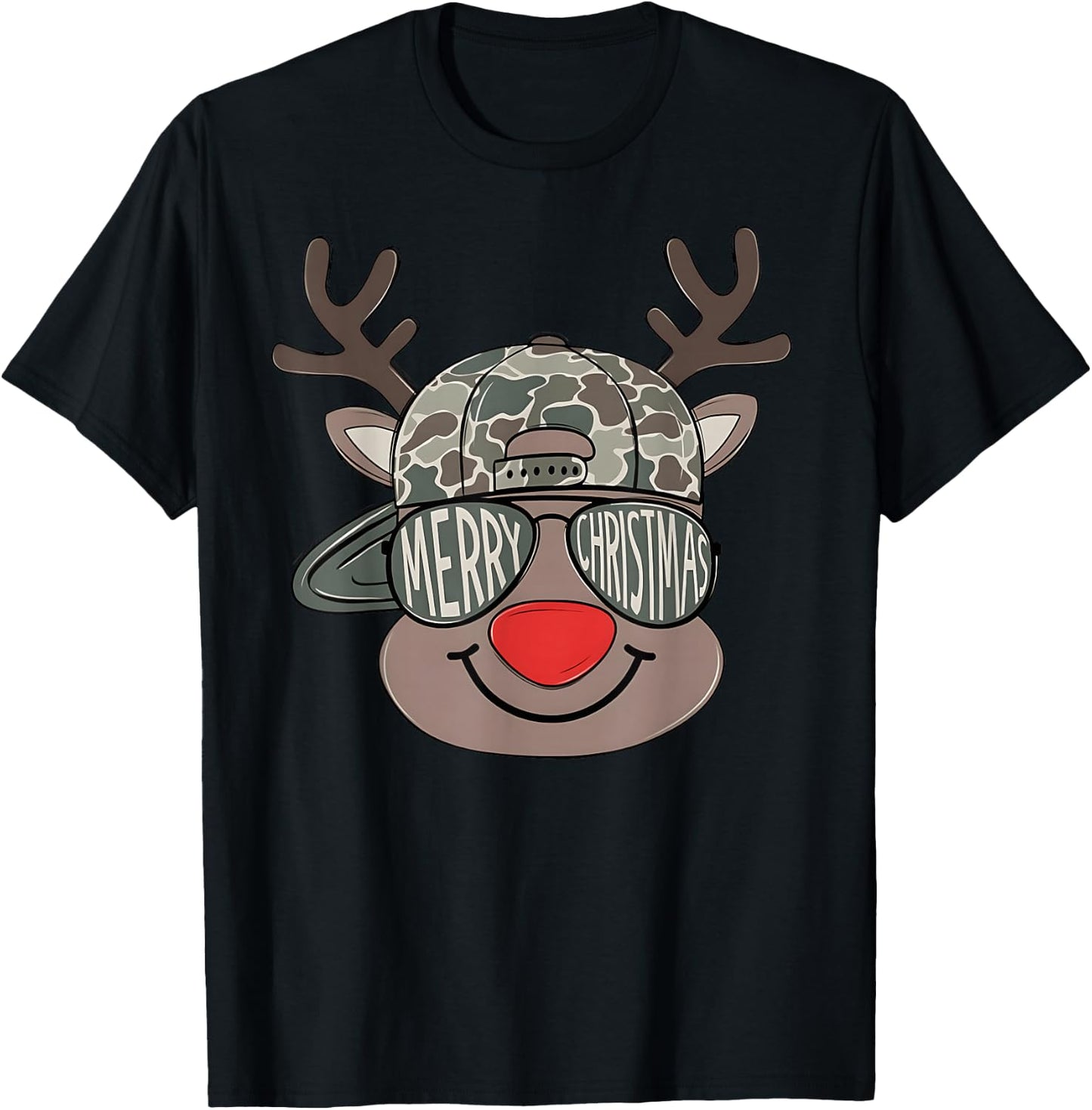 Boy Reindeer Hat Camo Hat Merry Christmas Xmas Boys Kids T-Shirt - T-Shirt | Black