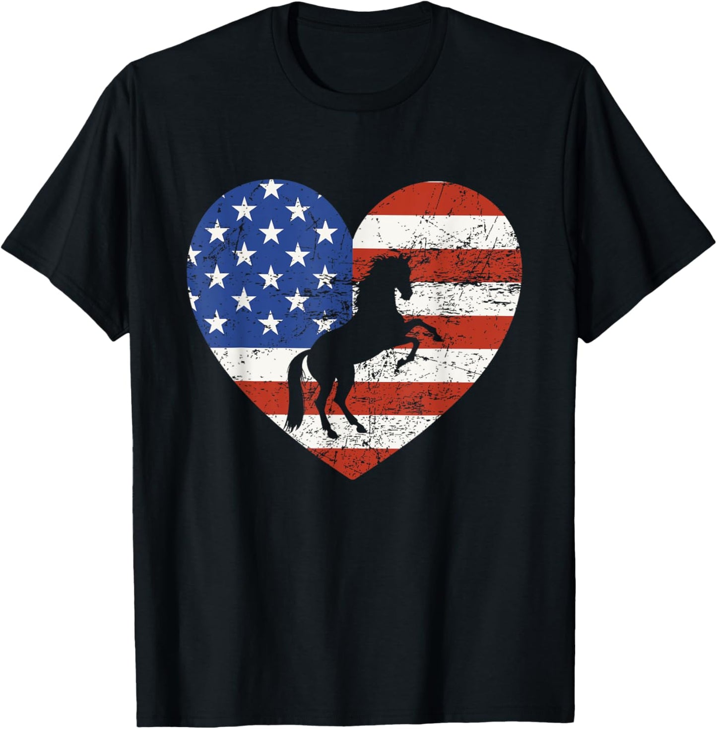 Horse American Flag Heart 4th of July USA Patriotic Pride T-Shirt - T-Shirt | Black