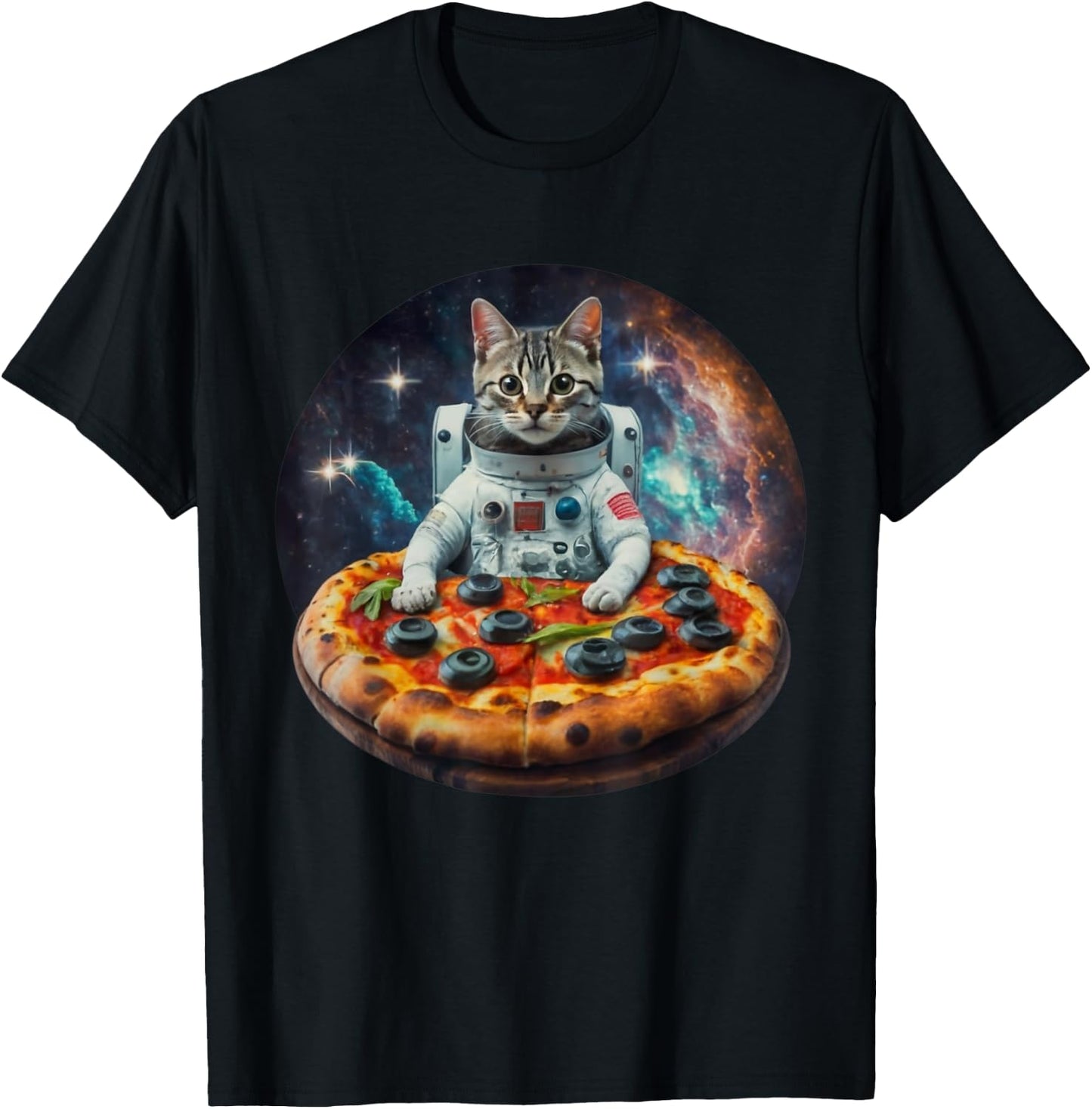Funny Galaxy Cat Kitten Astronaut Eating Pizza In Space Women Girls Kids T-Shirt - T-Shirt | Black