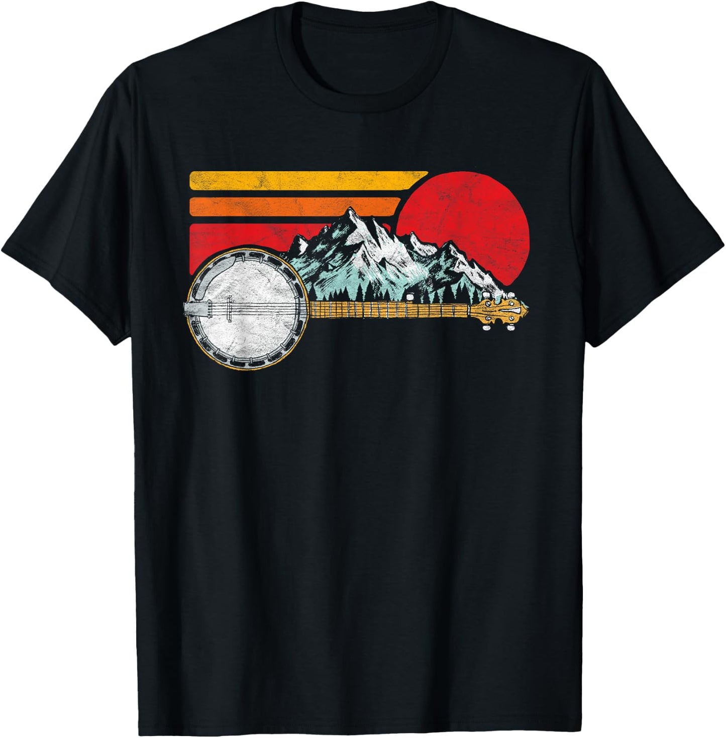 Retro Banjo Mountains & Sun Sketch Surf Style 80's Graphic T-Shirt - T-Shirt | Black