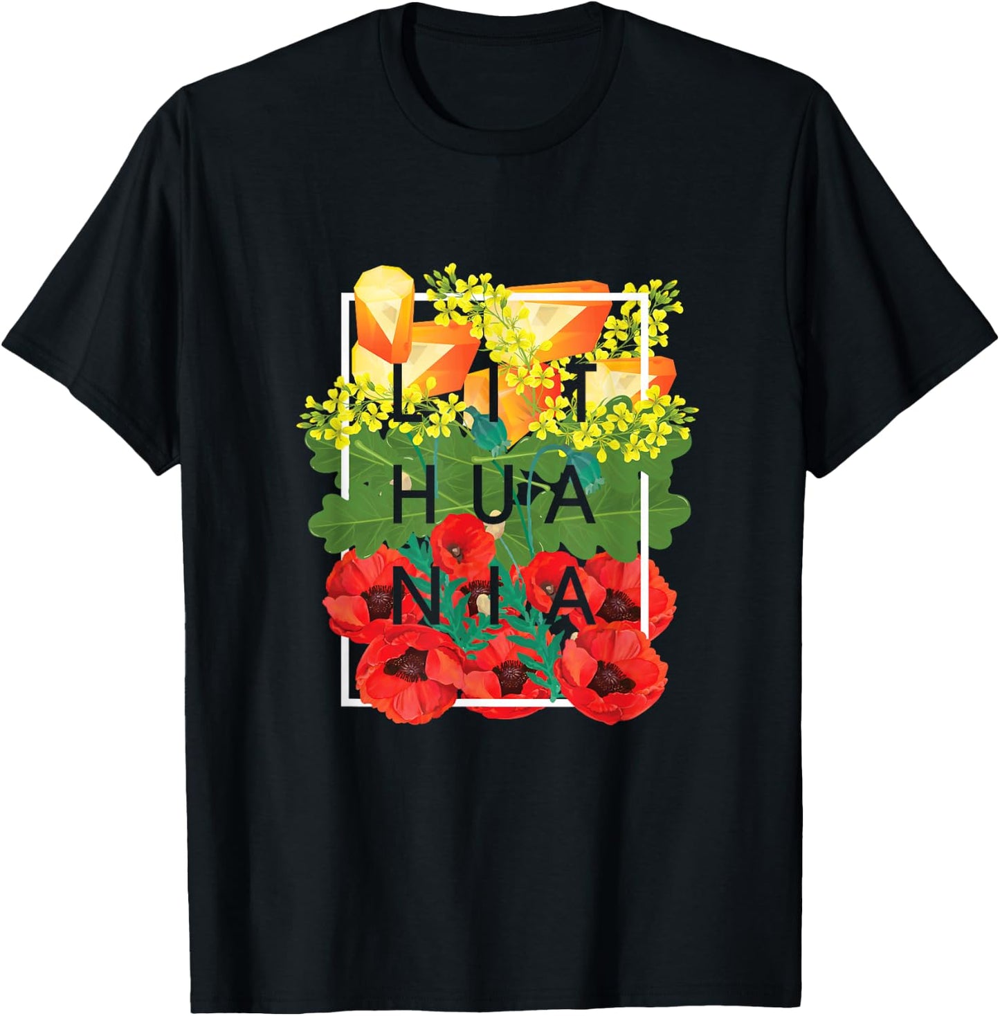 Flowers of Lithuania Word Art - Lithuanian Pride T-Shirt - T-Shirt | Black