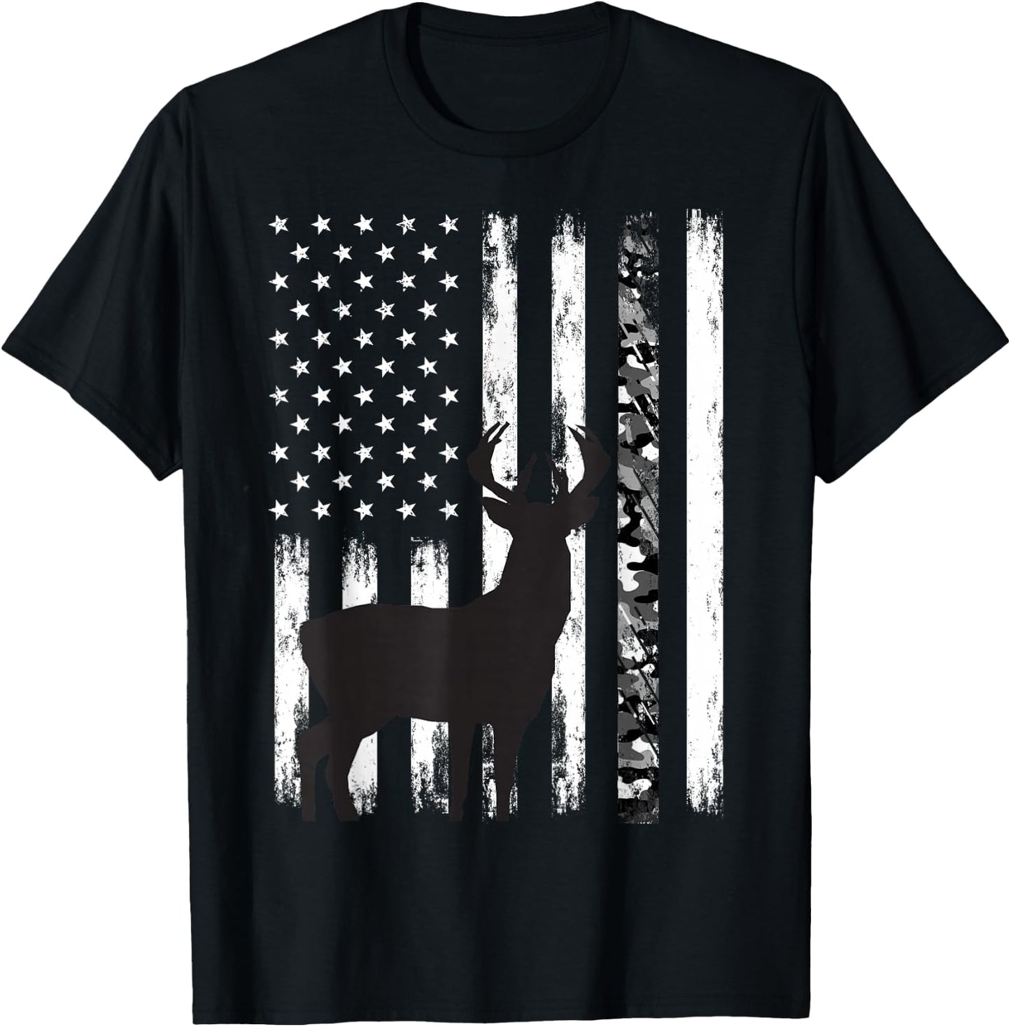 Deer Hunting Hunter Camo USA American Flag Patriotic Graphic T-Shirt - T-Shirt | Black