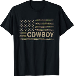 Camo Cowboy Camourflage USA Flag Fathers Day Rancher T-Shirt - T-Shirt | Black