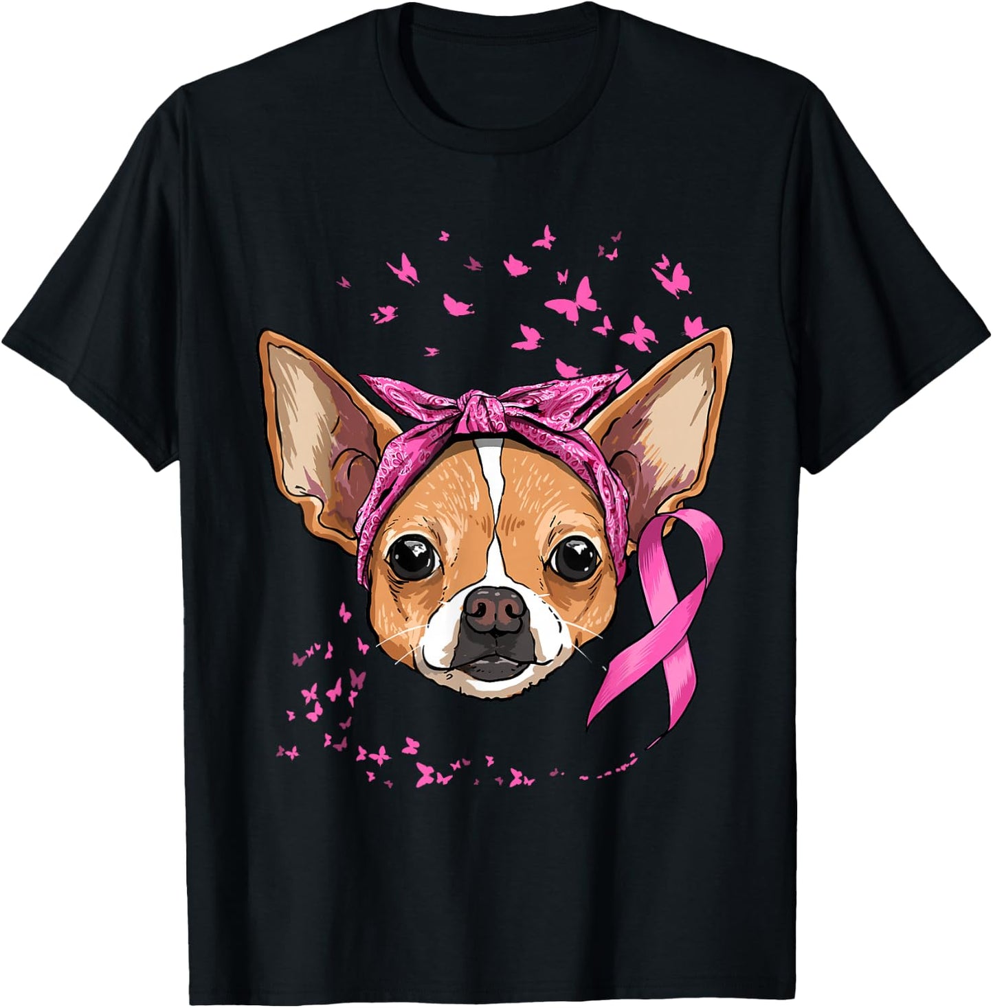 Breast Cancer Awareness Chihuahua Pink Ribbon Survivor Dog T-Shirt - T-Shirt | Black
