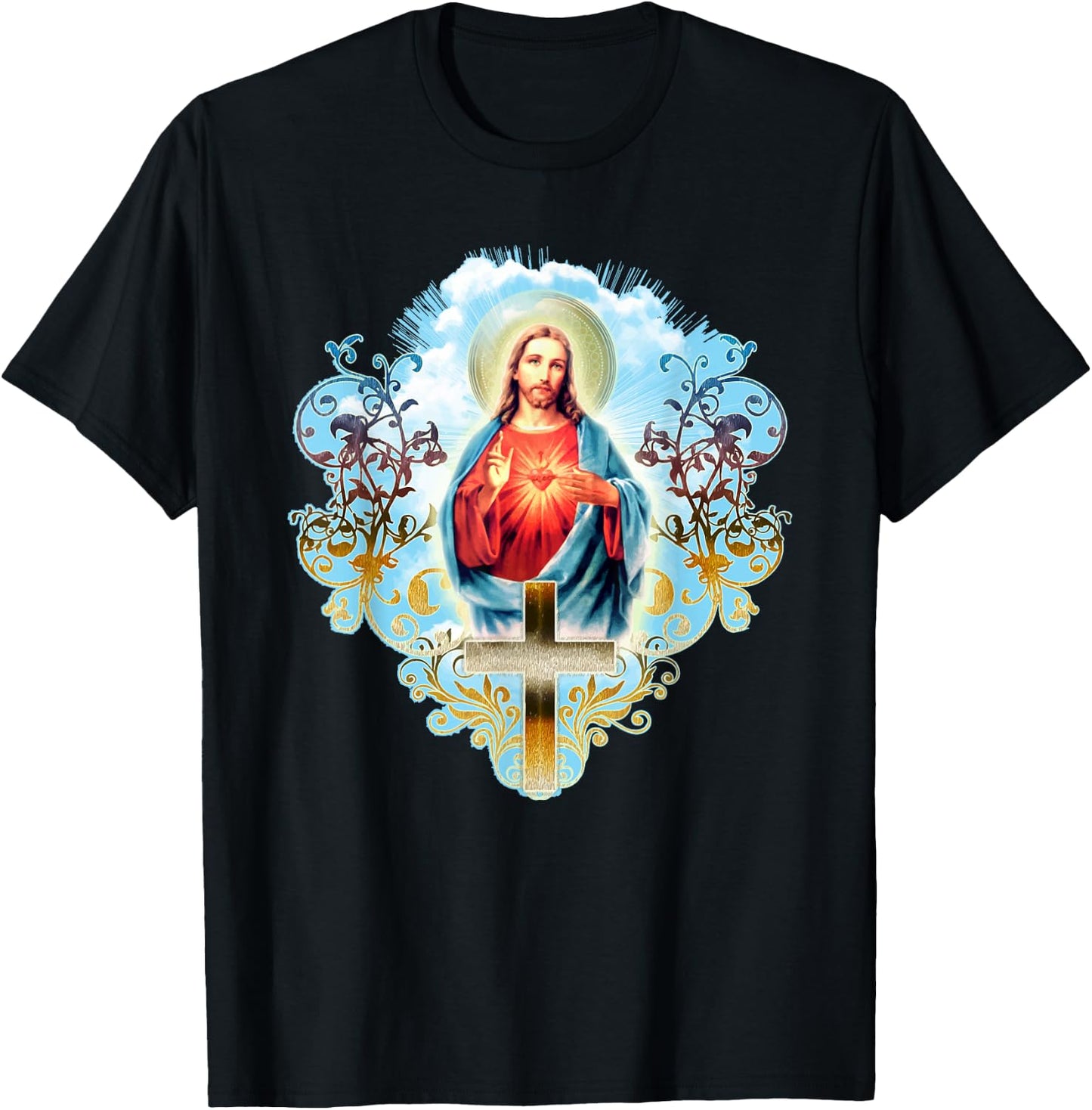Heart Jesus Christ Vintage Cross Catholic Gifts T-Shirt - T-Shirt | Black