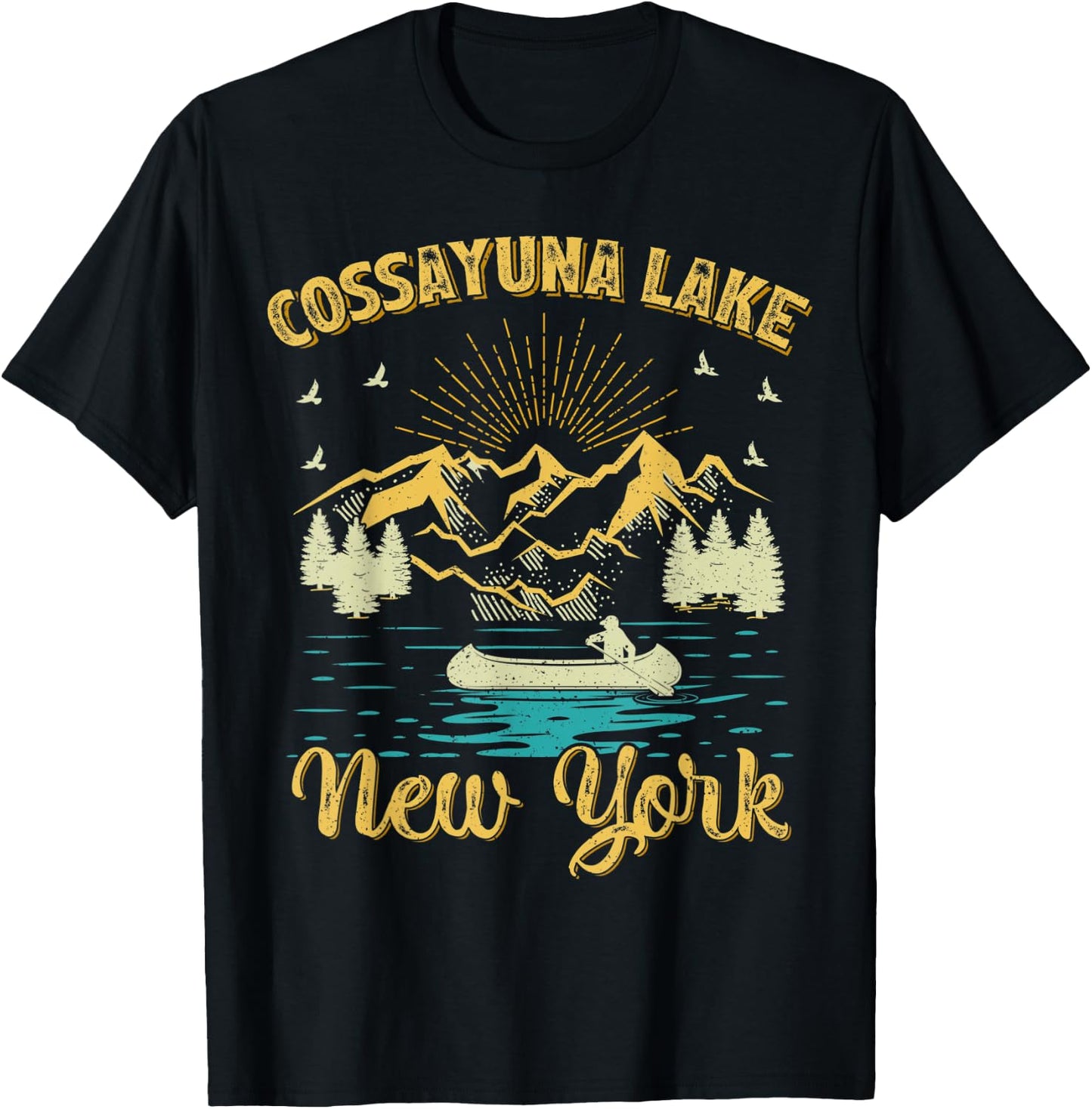 Summer Vacation Retro Mountain New York Cossayuna Lake Men Women Kids T-Shirt - T-Shirt | Black
