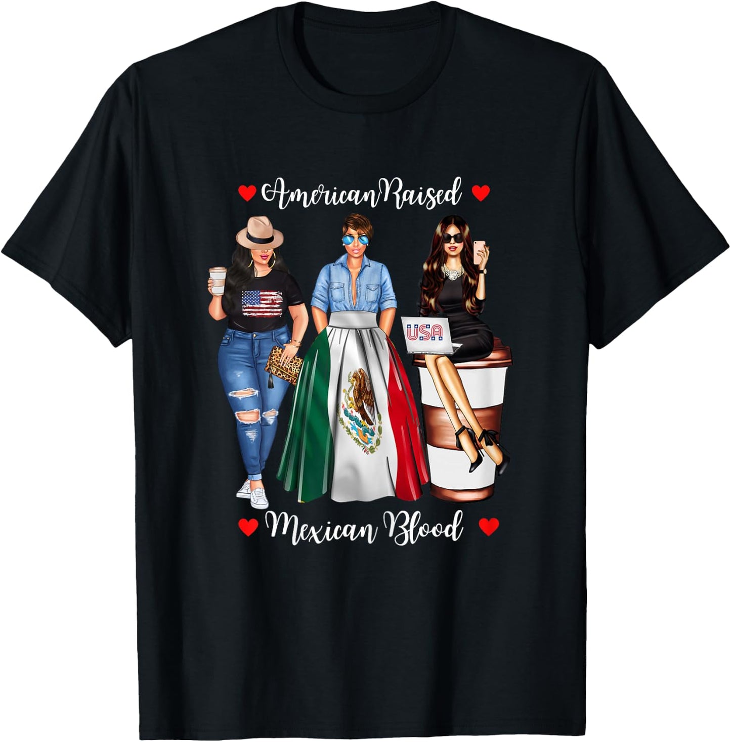 American Raised Mexican Blood USA Flag Patriotic Mexico Flag T-Shirt - T-Shirt | Black