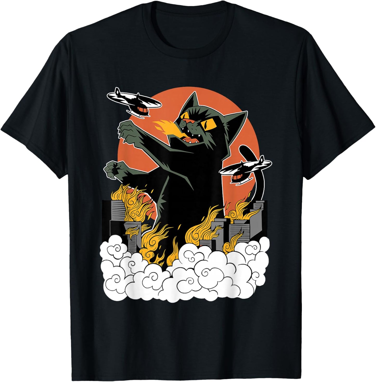 Black Japanese Catzilla Sunset - Classic Fit, , Cotton & Polyester Blend T-Shirt - T-Shirt | Black