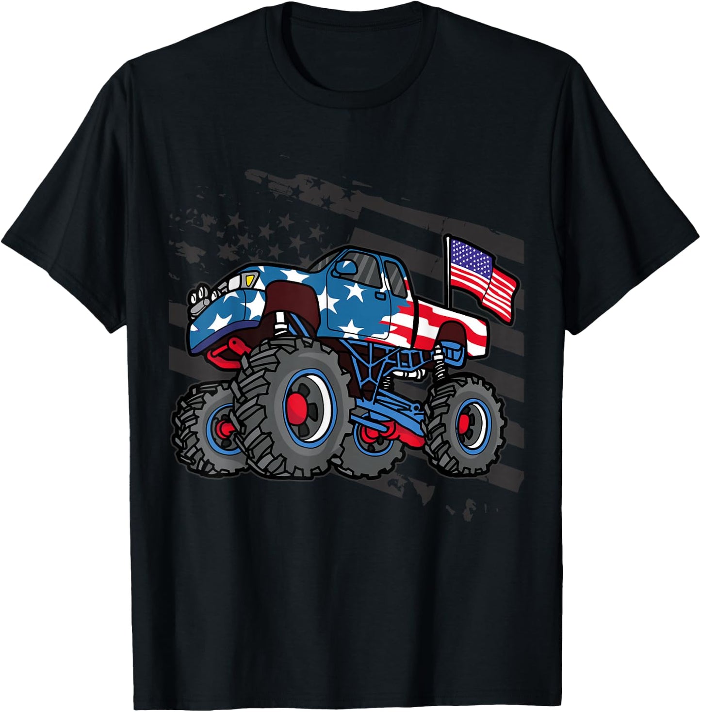 American Flag Trucker- Men Women Boys Monster Truck Racing T-Shirt - T-Shirt | Black