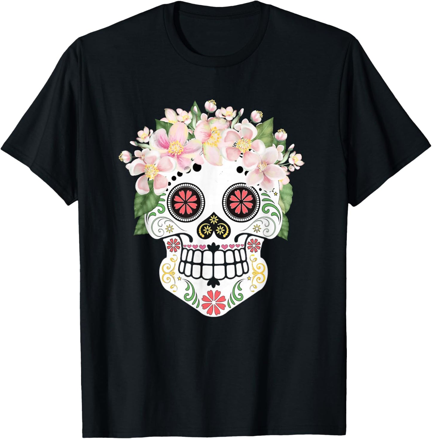 Beautiful Sugar Skull with Apple Blossom Flowers Day of Dead T-Shirt - T-Shirt | Black