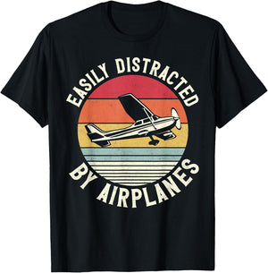Airplane Pilot Vintage Retro Easily Distracted By Airplanes T-Shirt - T-Shirt | Black