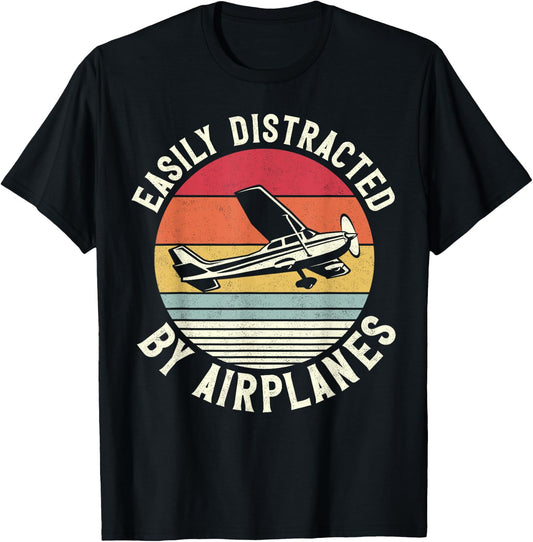 Airplane Pilot Vintage Retro Easily Distracted By Airplanes T-Shirt - T-Shirt | Black