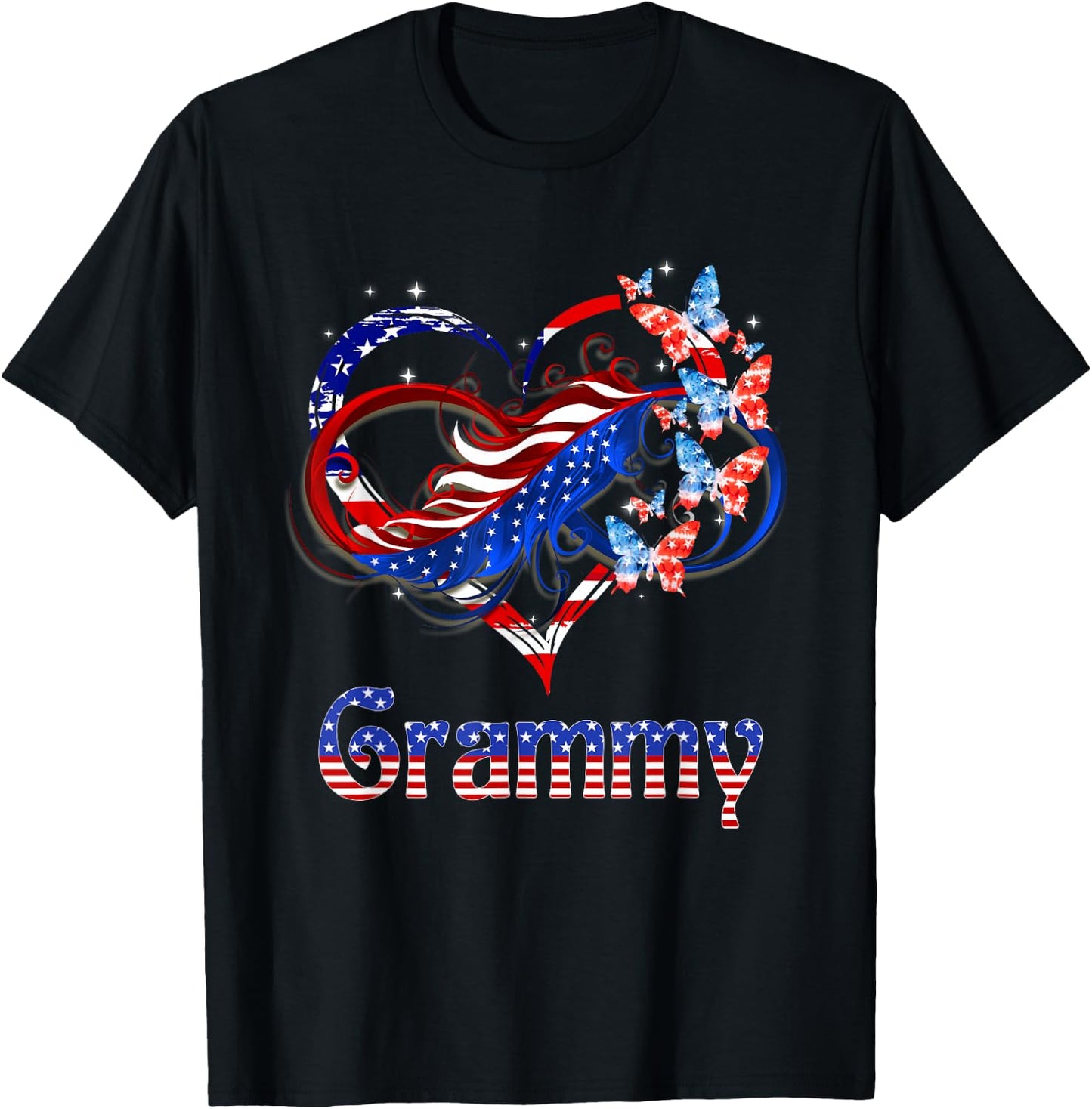 American Grammy Heart Butterlfies Patriotic 4th Of July T-Shirt - T-Shirt | Black