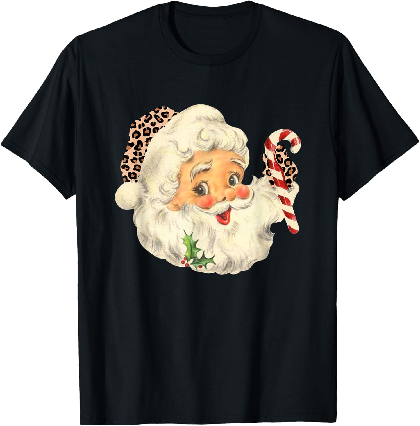 Funny Santa Claus face Vintage Leopard Santa Christmas T-Shirt - T-Shirt | Black