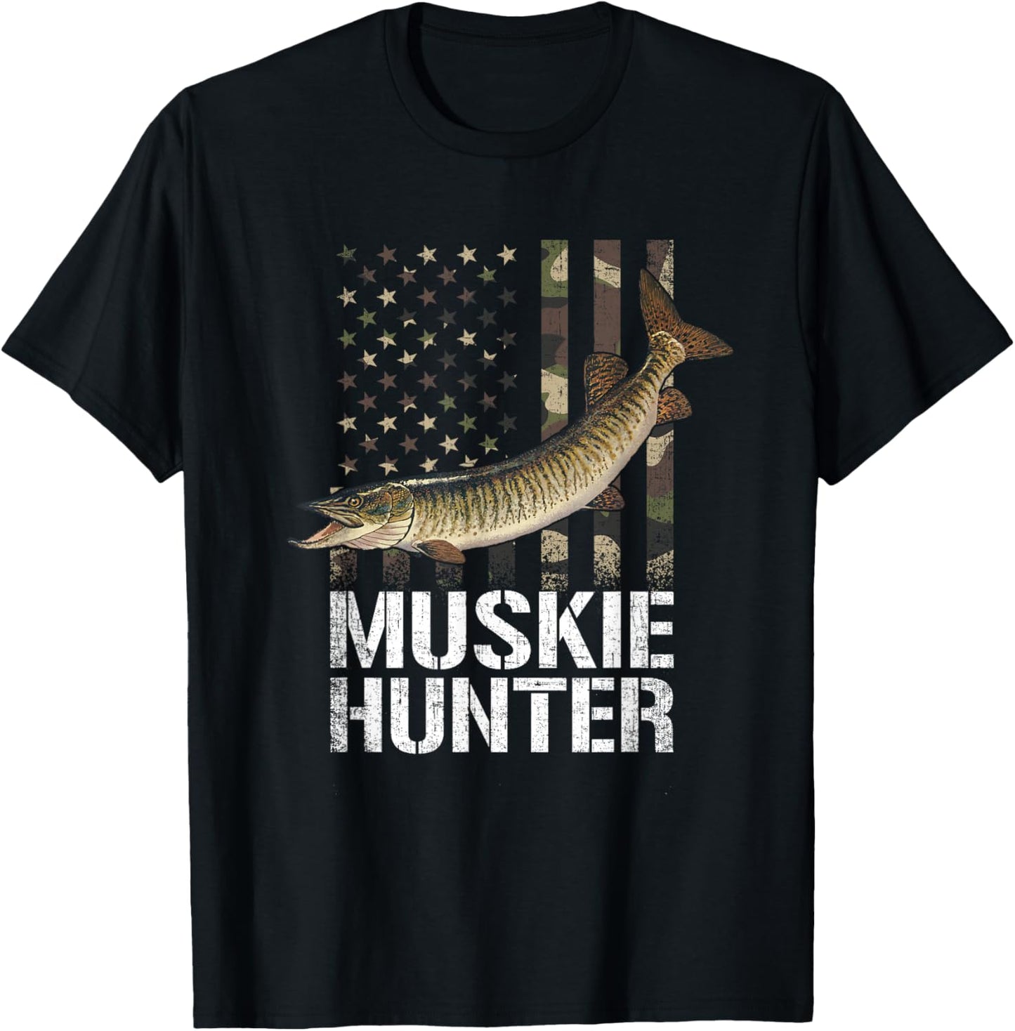 Muskie hunter, American Flag Camouflage, fishing muskie T-Shirt - T-Shirt | Black