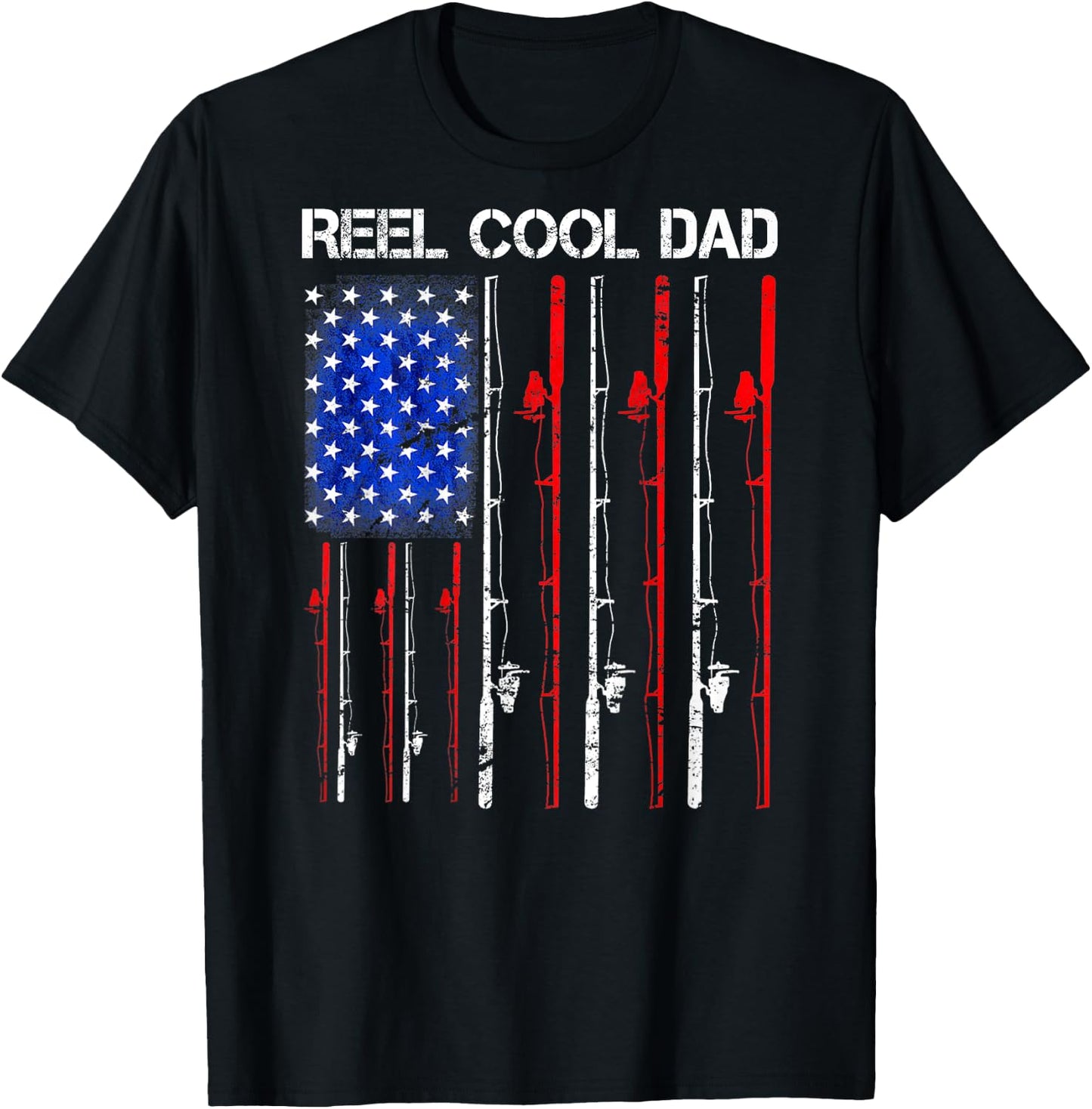 Reel Cool Dad Fishing USA Flag Patriotic 4th Of July On Back Men T-Shirt - T-Shirt | Black