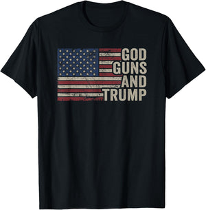 God Guns and Trump - Pro God Gun Funny Republican USA Flag T-Shirt - T-Shirt | Black