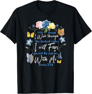 Christian Bible Verse Quote Butterfly Rose Flower Psalm 23:4 T-Shirt - T-Shirt | Black