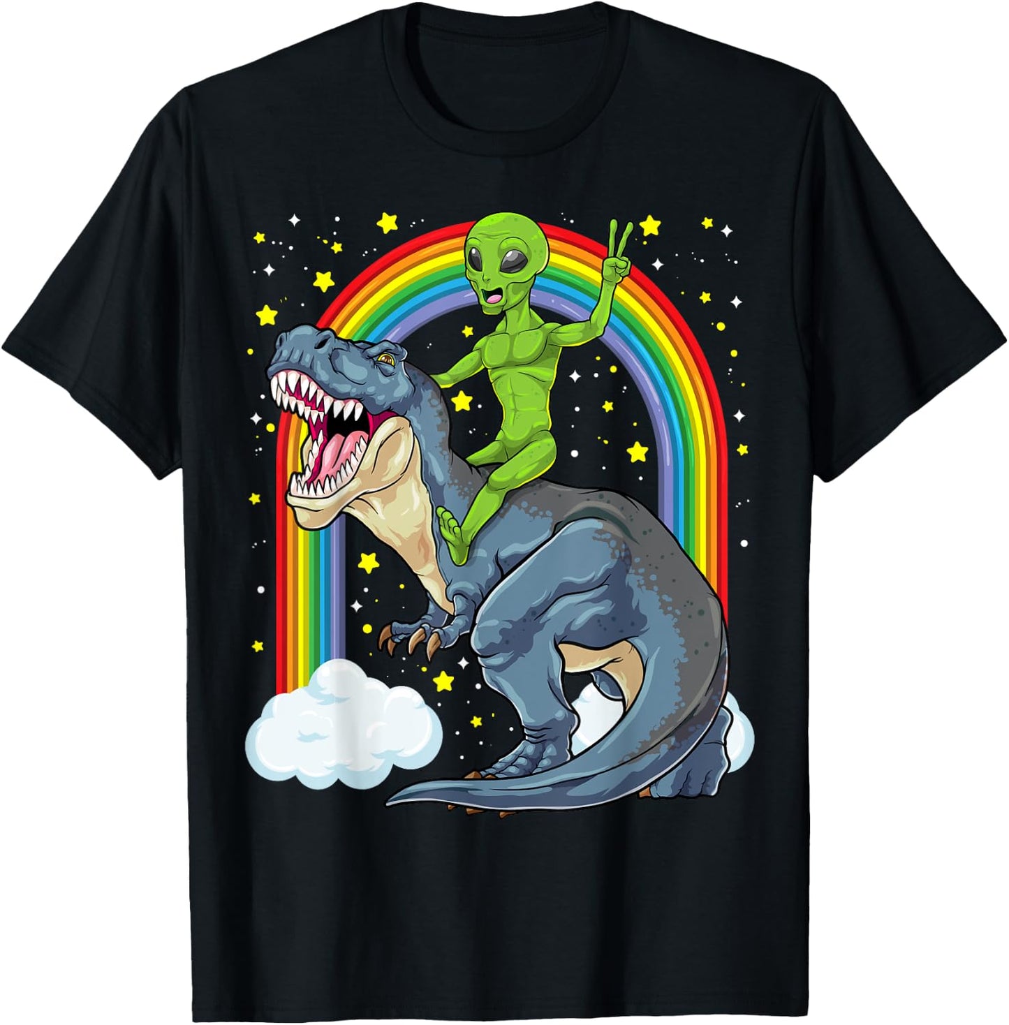 Alien Riding Dinosaur T Rex UFO Space Extraterrestrial Kids T-Shirt - T-Shirt | Black
