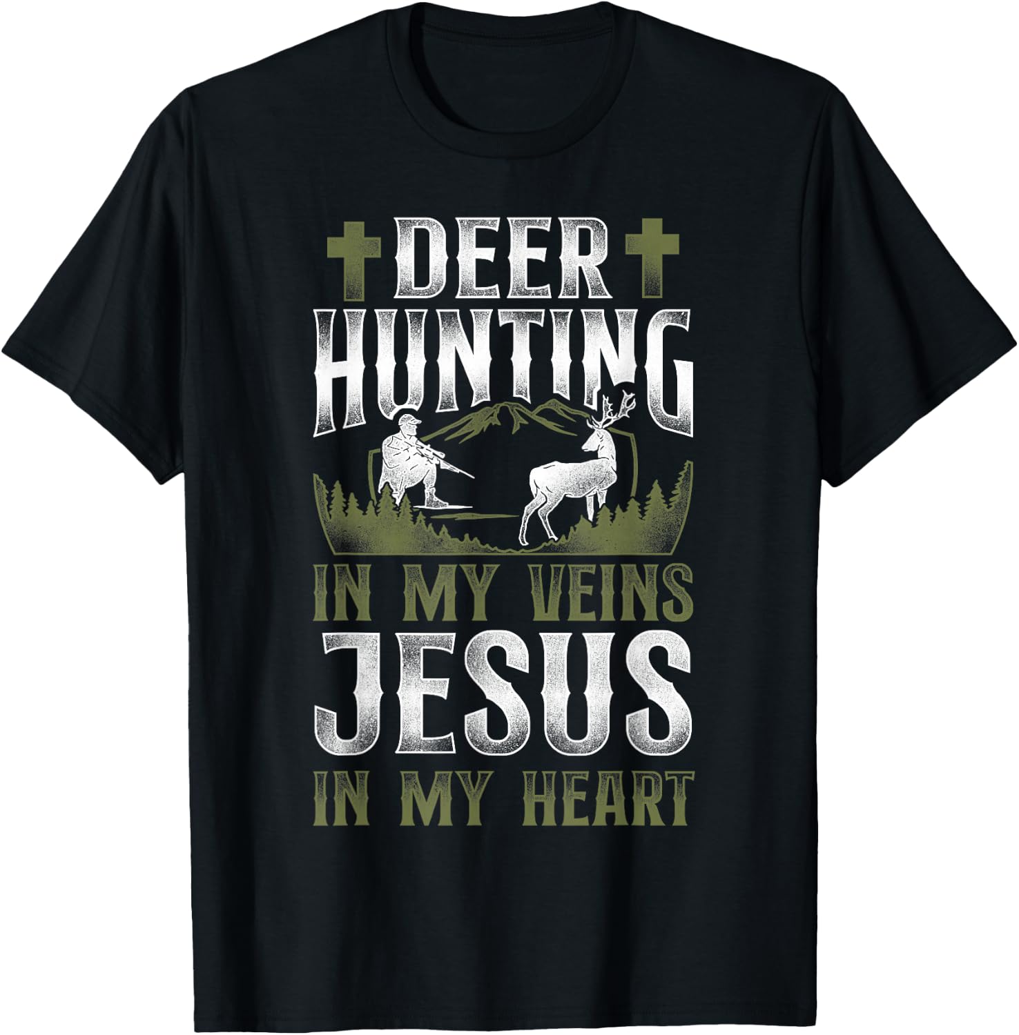 Buck Deer Hunting Hunter Jesus Faith Vintage Deer Hunting In T-Shirt - T-Shirt | Black