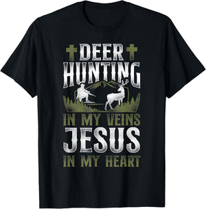 Buck Deer Hunting Hunter Jesus Faith Vintage Deer Hunting In T-Shirt - T-Shirt | Black