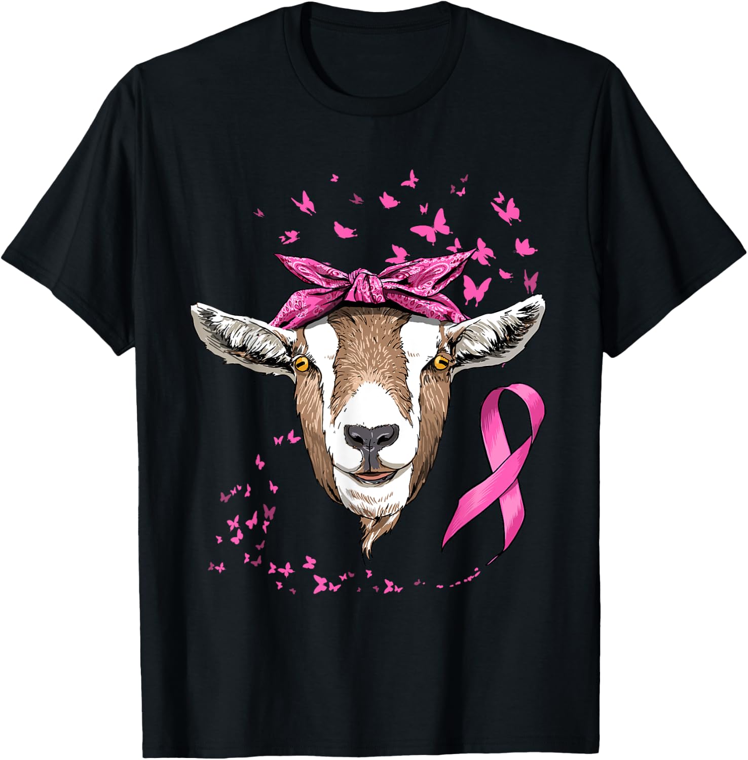 Breast Cancer Awareness Goat Pink Ribbon Cancer Survivor T-Shirt - T-Shirt | Black