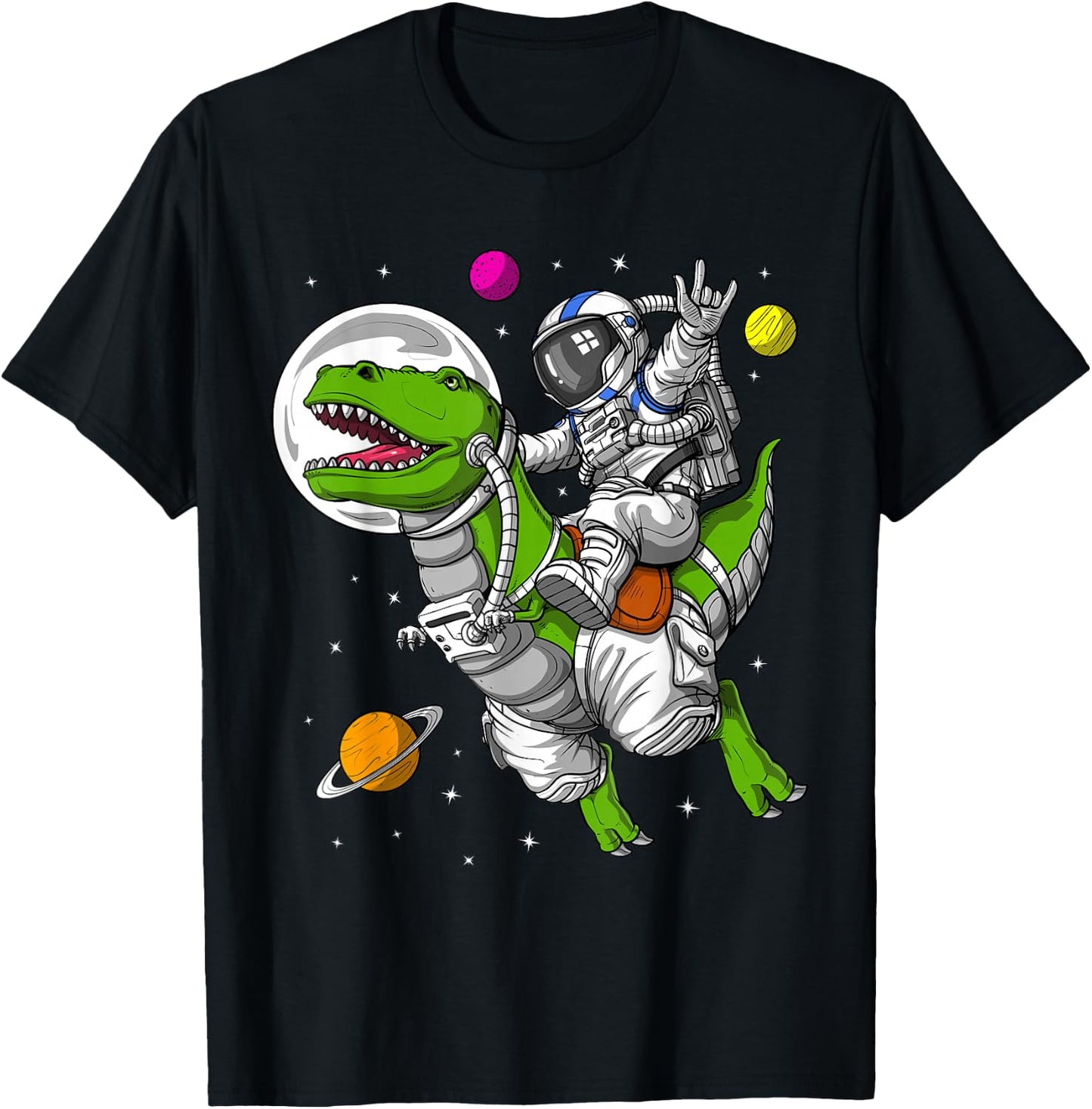 Space Astronaut Riding T-Rex Dinosaur Funny Dinosaur T-Shirt - T-Shirt | Black