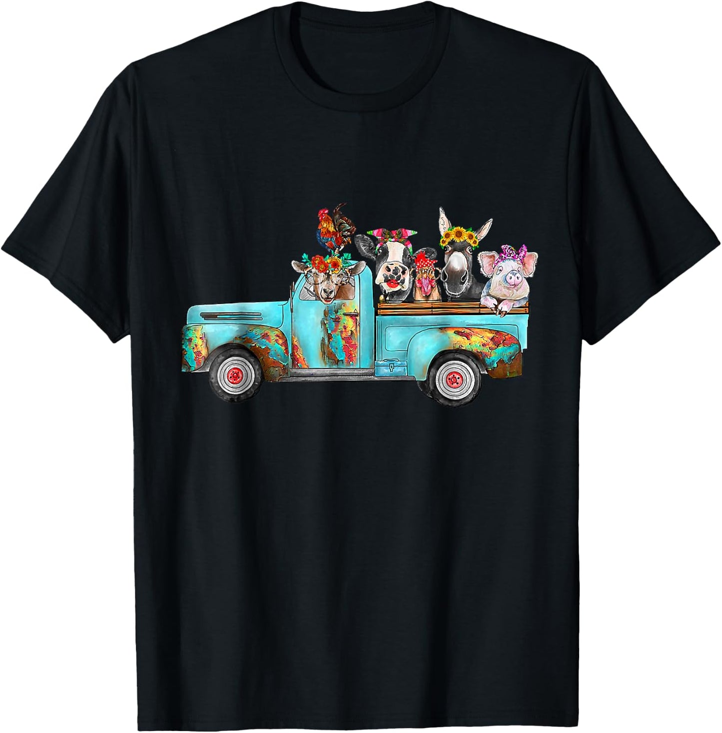 Farm Pickup Truck with Farm animals Farmer_s Wife Cow Girl T-Shirt - T-Shirt | Black