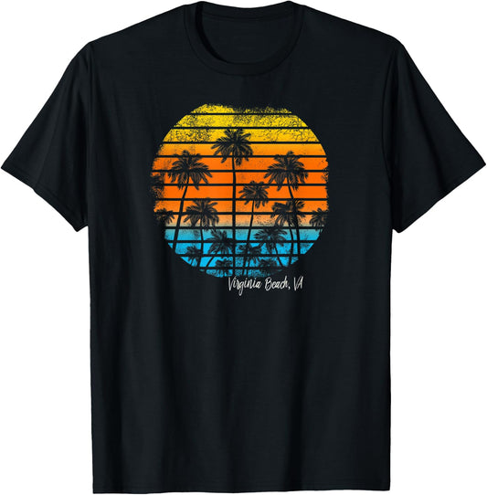 Vintage Virginia Beach VA Beach Sunset and Palm Trees Women Kids T-Shirt - T-Shirt | Black