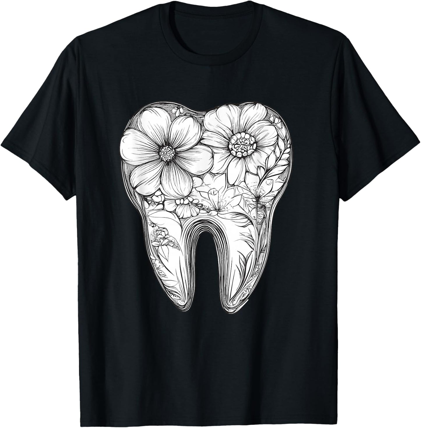 Floral Tooth with Blooming Flowers T-Shirt - T-Shirt | Black