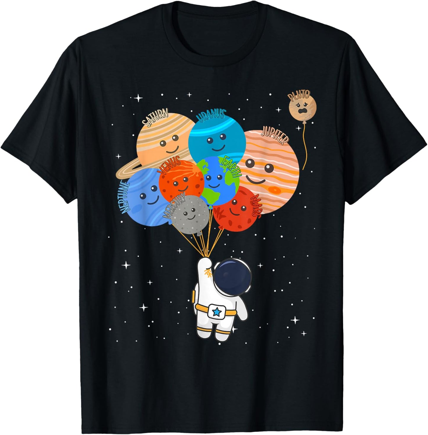 Funny Solar System Astronaut Holding Planet Balloons Pluto T-Shirt - T-Shirt | Black