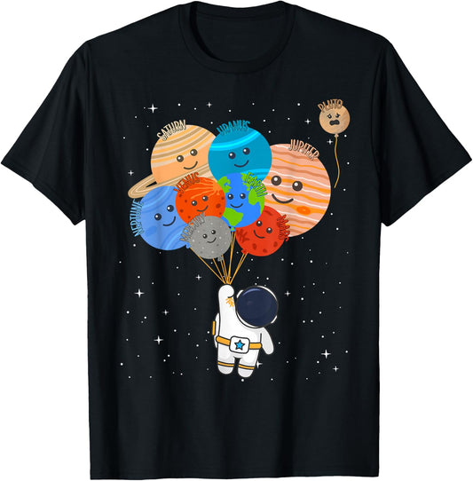 Funny Solar System Astronaut Holding Planet Balloons Pluto T-Shirt - T-Shirt | Black