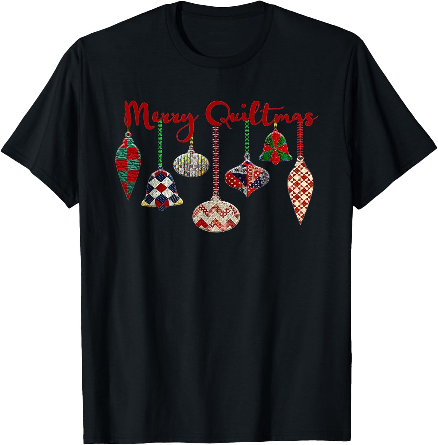 Funny Merry Quiltmas Quilting Christmas Ornament Sewing T-Shirt - T-Shirt | Black