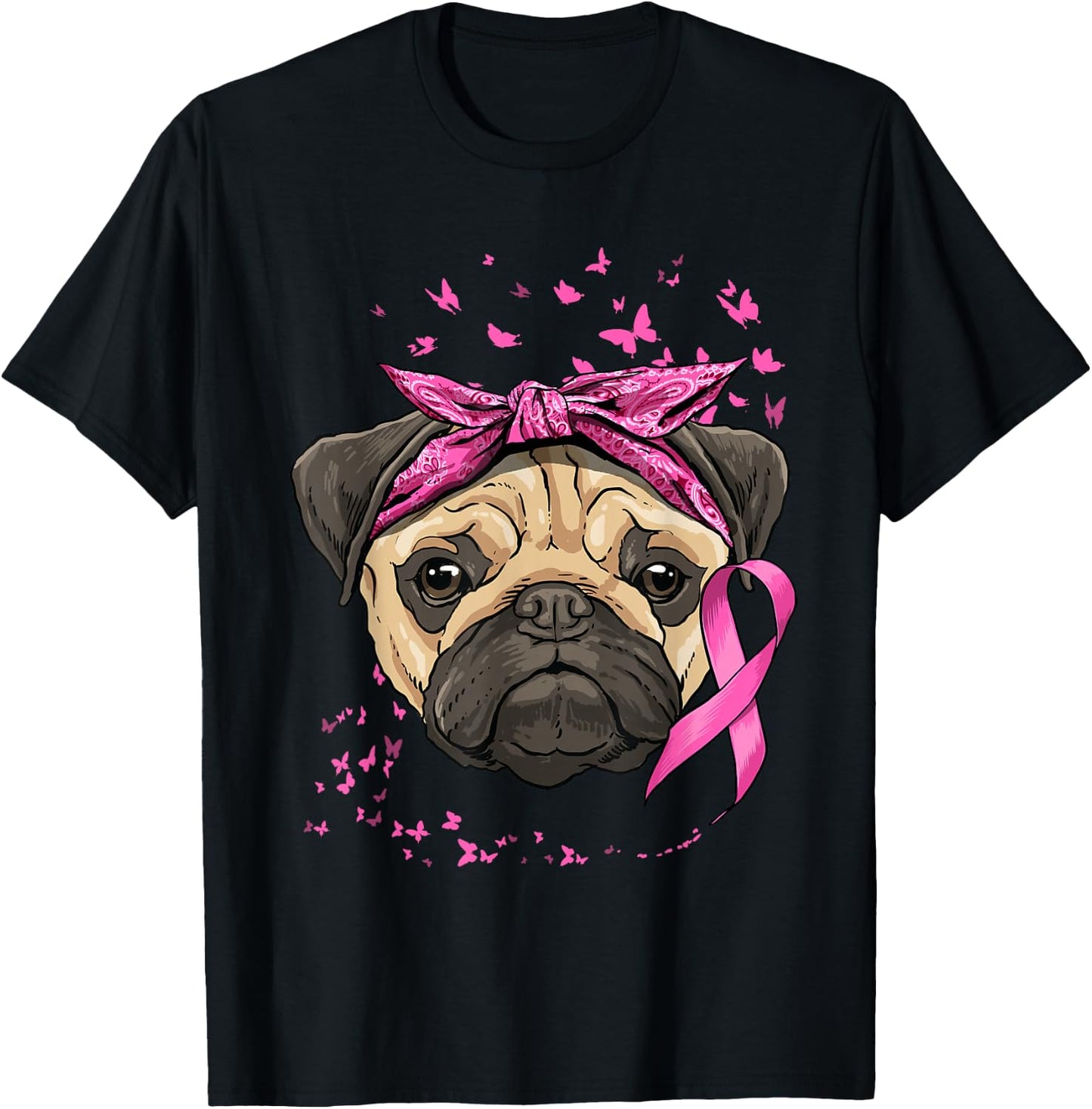 Breast Cancer Awareness Pug Dog Pink Ribbon Cancer Survivor T-Shirt - T-Shirt | Black