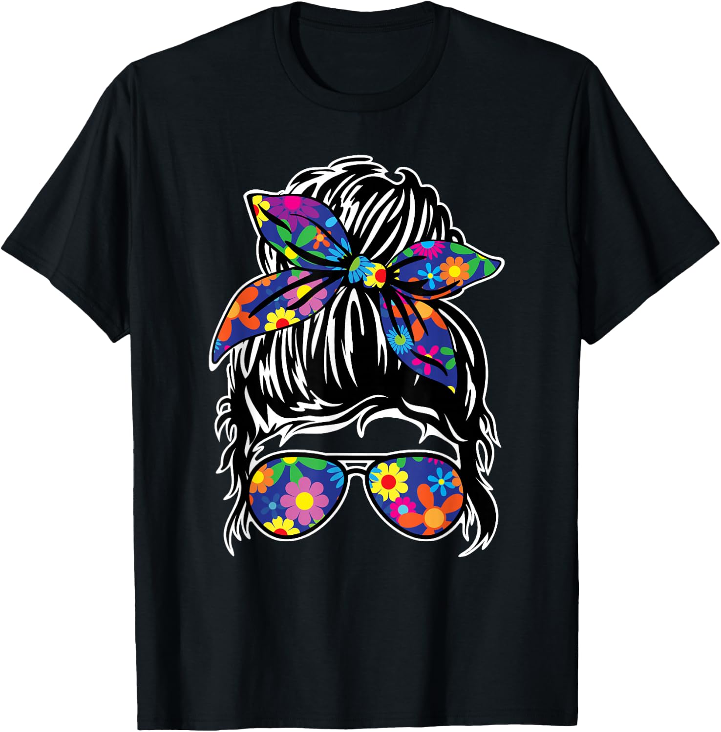 Messy Hair Bun with Bandana Ribbon and Sunglasses Design T-Shirt - T-Shirt | Black