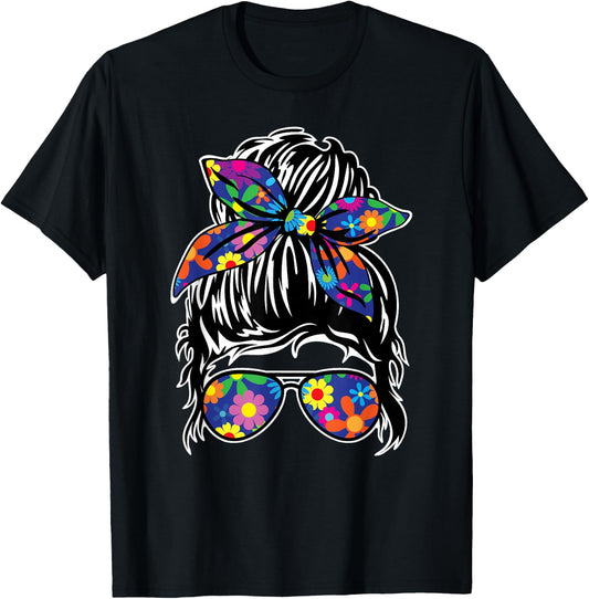 Messy Hair Bun with Bandana Ribbon and Sunglasses Design T-Shirt - T-Shirt | Black
