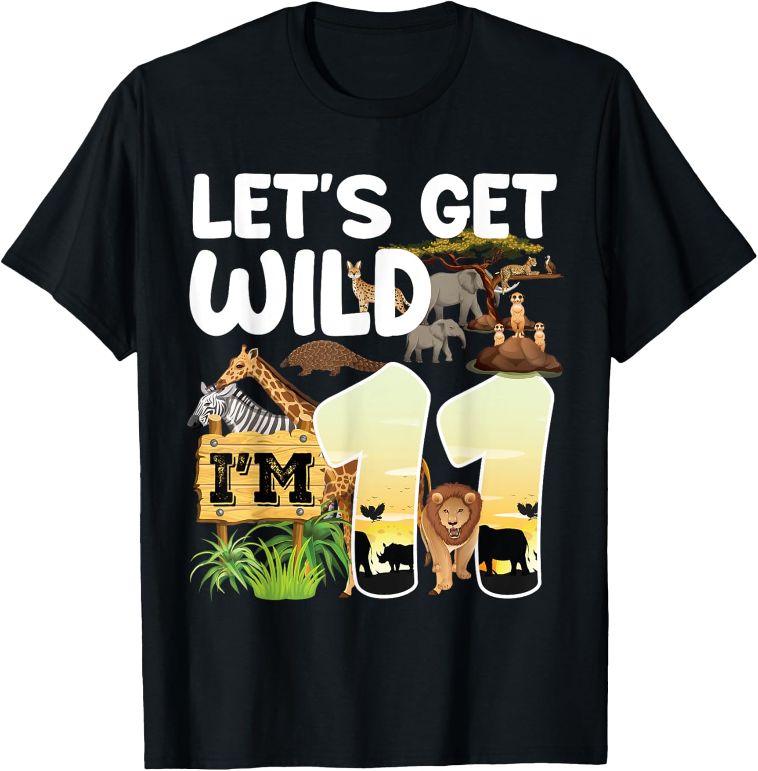 11 Year Old Zoo Birthday Safari Jungle Animal 11th B-day T-Shirt - T-Shirt | Black