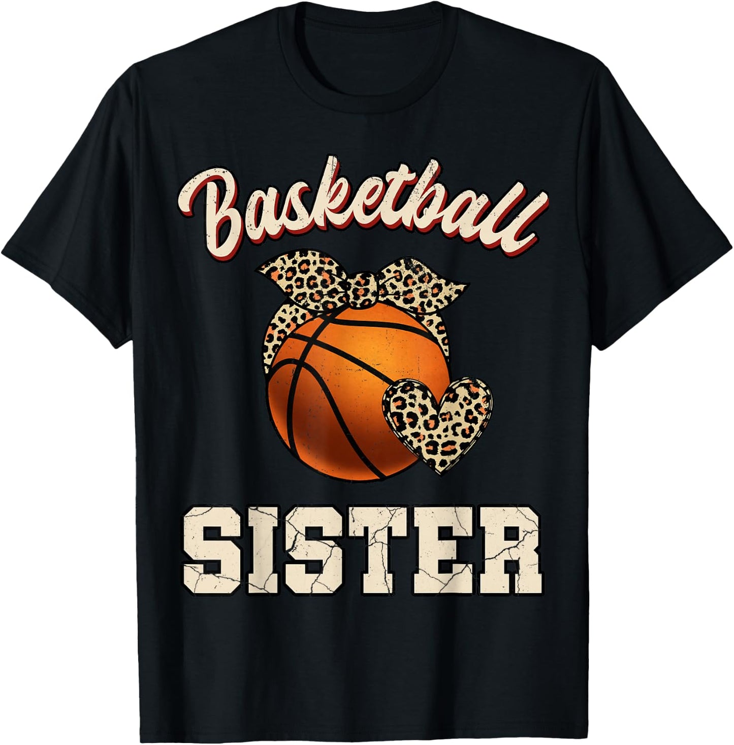 Basketball Sister Bandana Leopard Heart Fans Mother's Day T-Shirt - T-Shirt | Black
