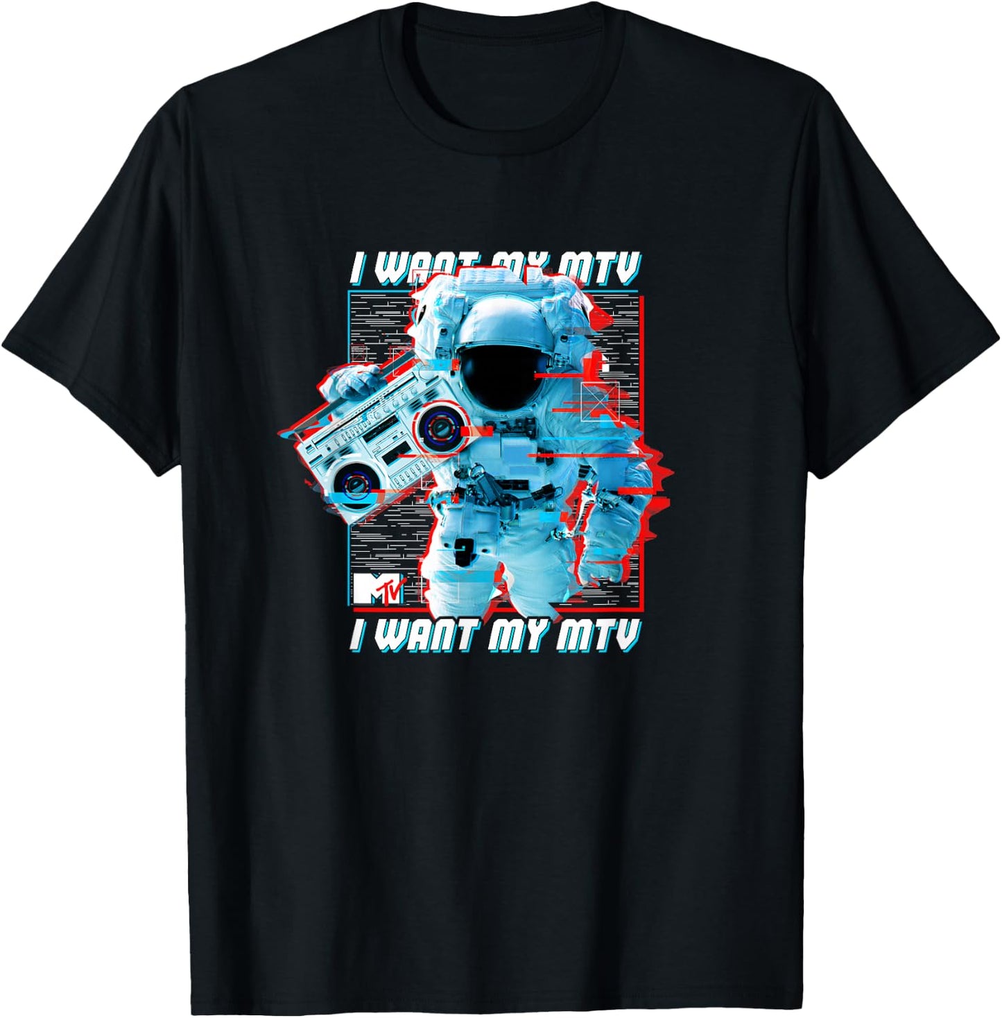 MTV Music Television Glitched Astronaut I Want My MTV T-Shirt - T-Shirt | Black