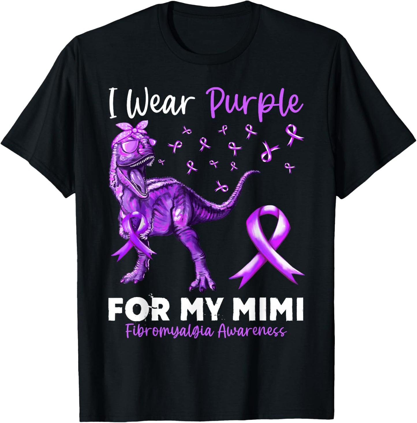 I Wear Purple For My Mimi Fibromyalgia Awareness Dinosaur T-Shirt - T-Shirt | Black