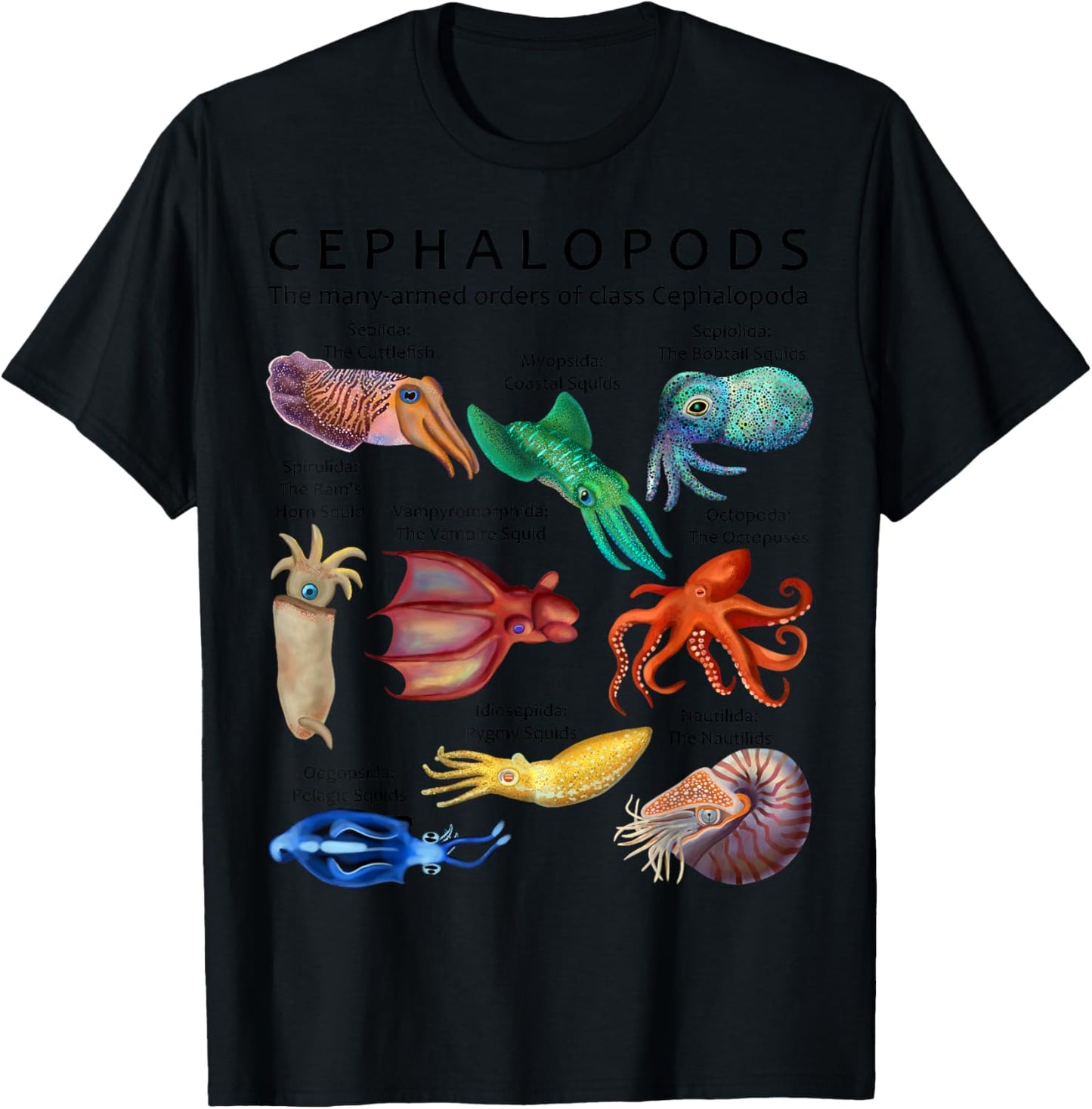 The Cephalopod: Octopus, Squid, Cuttlefish, and Nautilus T-Shirt - T-Shirt | Black